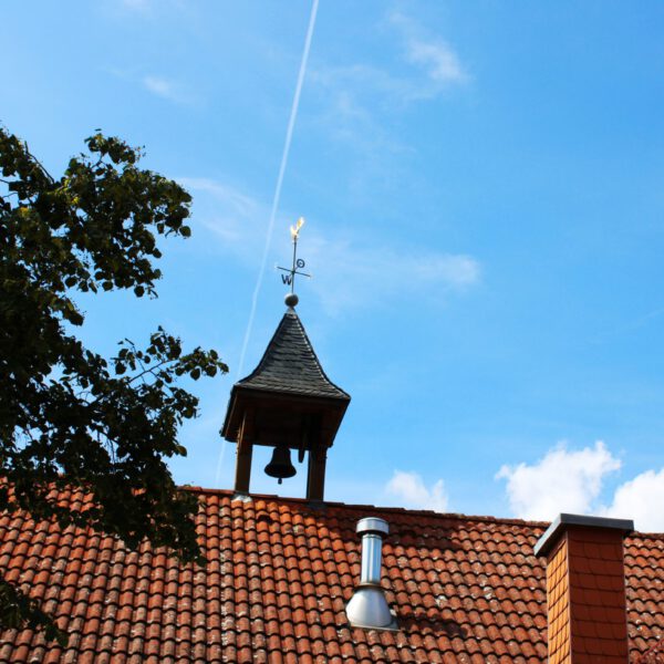 Der goldene Hahn ziert das Dach des Hauses der Dorfgemeinschaft.