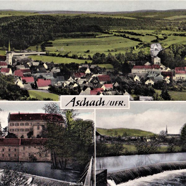 Ortsansicht auf Aschach mit Schloss und Saale