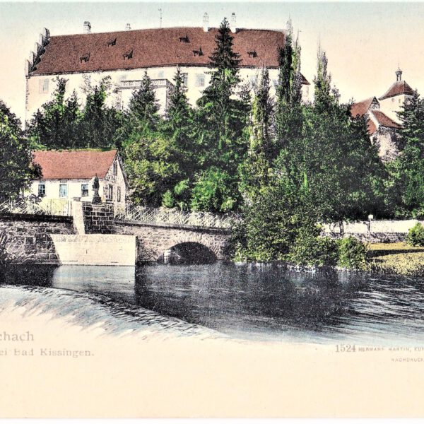 Schloss Aschach mit Brücke und Saale