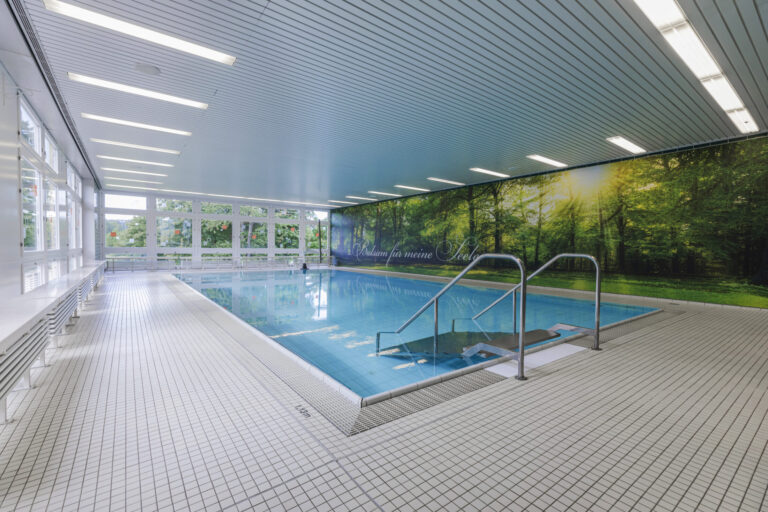 Das Schwimmbecken im Spa I Badehaus mit Ausblick in den Kurpark